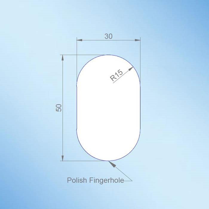 Ovalt fingerhål för glasdörr 30x50xR15