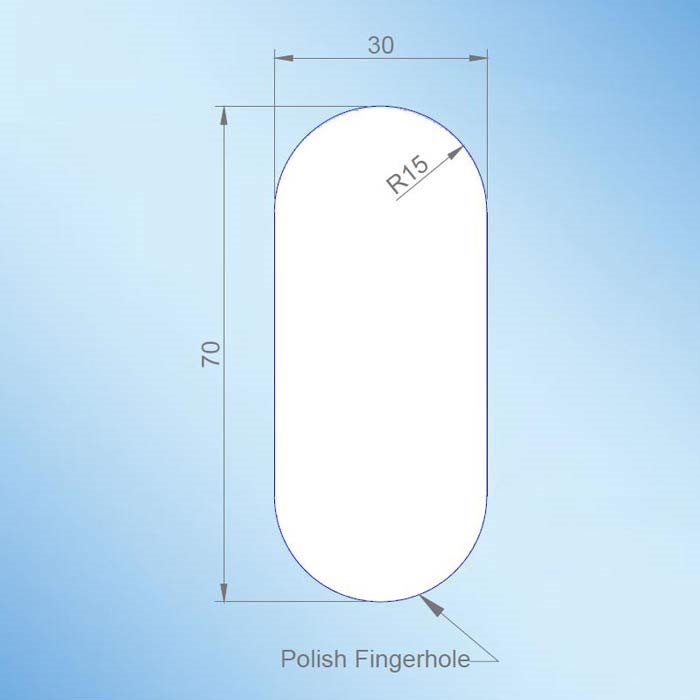 Ovalt fingerhål för glasdörr 30x70xR15